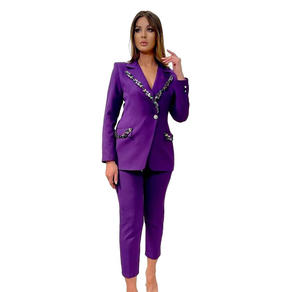 Purple Mother Of The Bride Pant Suits Crystal Beading Coat Wear Evening Party Women Tuxedos For Wedding (Jacket+Pants)