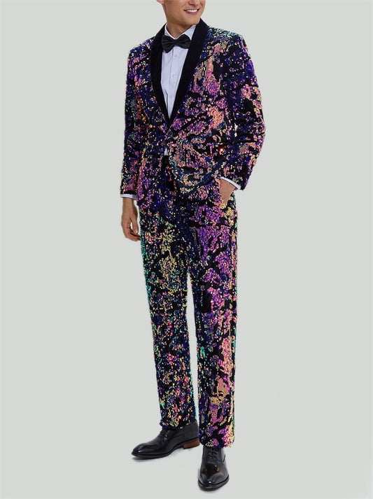 Traje de hombre con lentejuelas moradas, conjunto de blazer, esmoquin de boda, 2 piezas, abrigo y pantalones, vestido de graduación, chaqueta, traje formal de oficina a medida para hombre. 