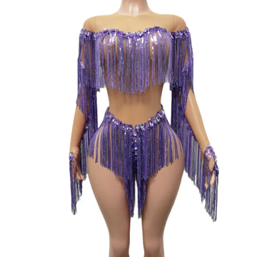 Body con borlas y brillantes diamantes de imitación morados para mujer, modelo de desfile de moda, ropa sexy para escenario, ropa de baile de jazz 