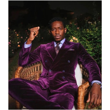 Purple Velvet Men'S Suit Peaked Lapel Double Breasted Blazer Luxury Custom Made Wedding Groom Prom Blazer 2 Pc Set Jacket Pant