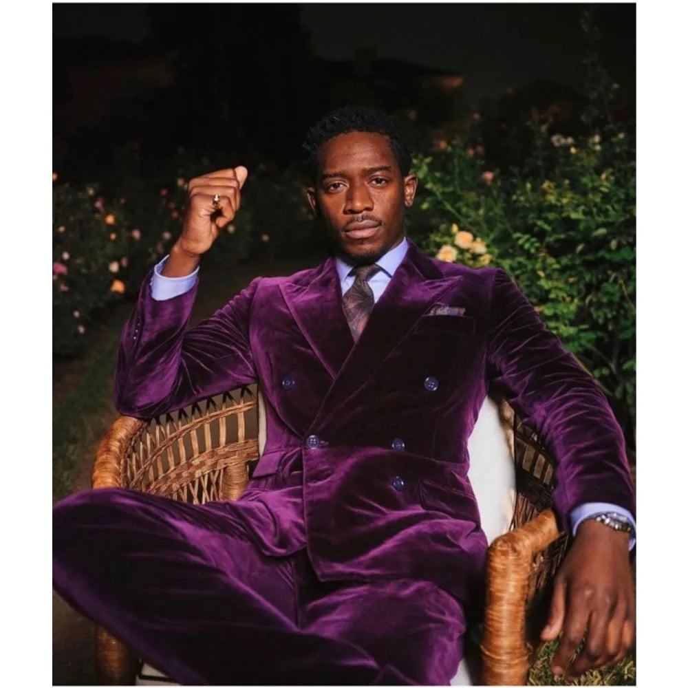 Costume homme en velours violet, blazer croisé à revers pointu, de luxe sur mesure, pour mariage, bal de promo, ensemble 2 pièces, veste et pantalon 