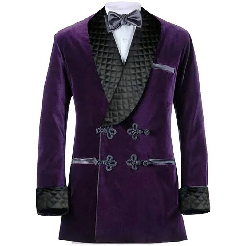 Veste de costume en velours violet pour homme, blazer long à revers châle avec double boutonnage, pour dîner, mariage, smoking