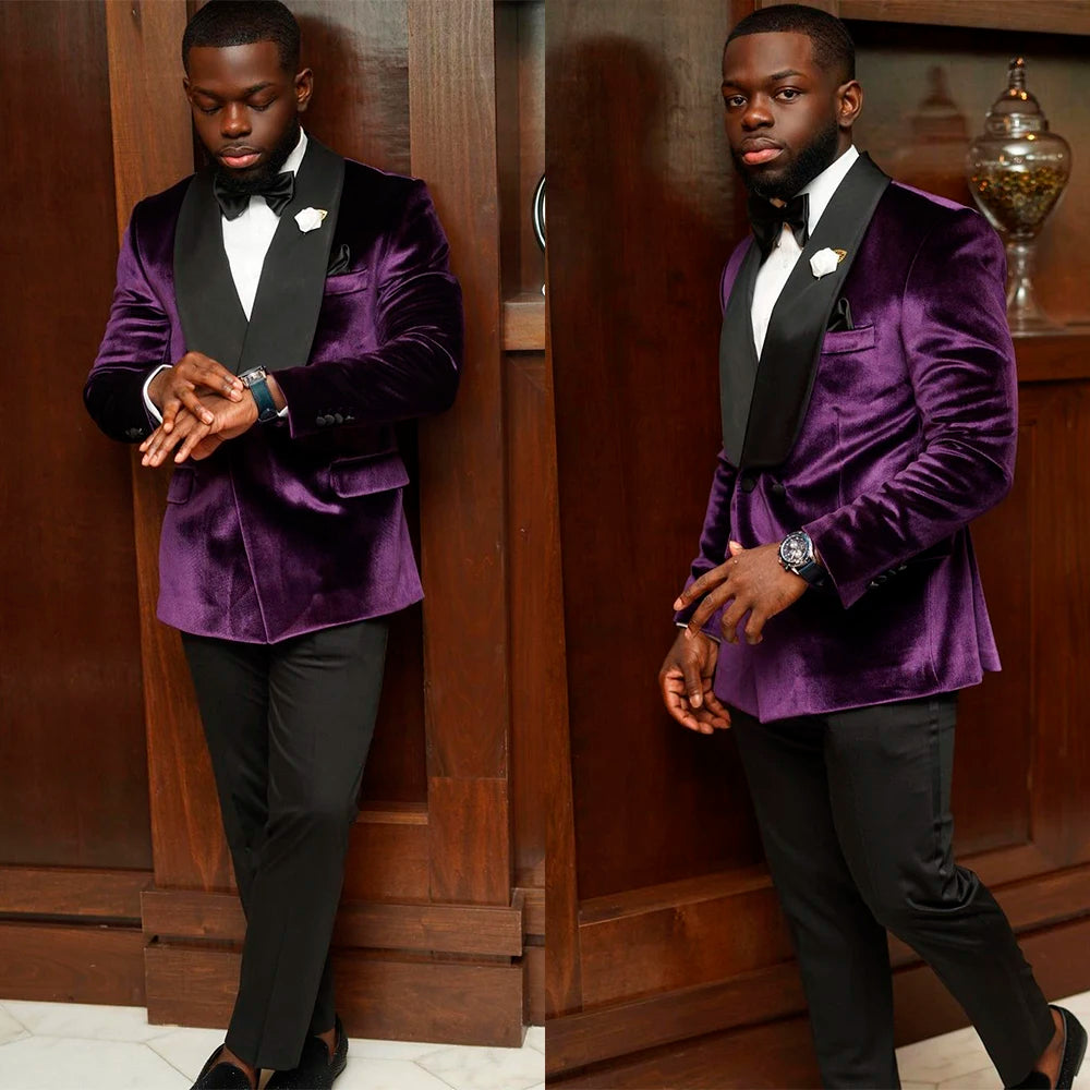 Purple Velvet Men Suits 2 Pieces Blazer Pants Tailored Single Breasted Fashion Formal Gentlemen Business Groom Causal Tailored