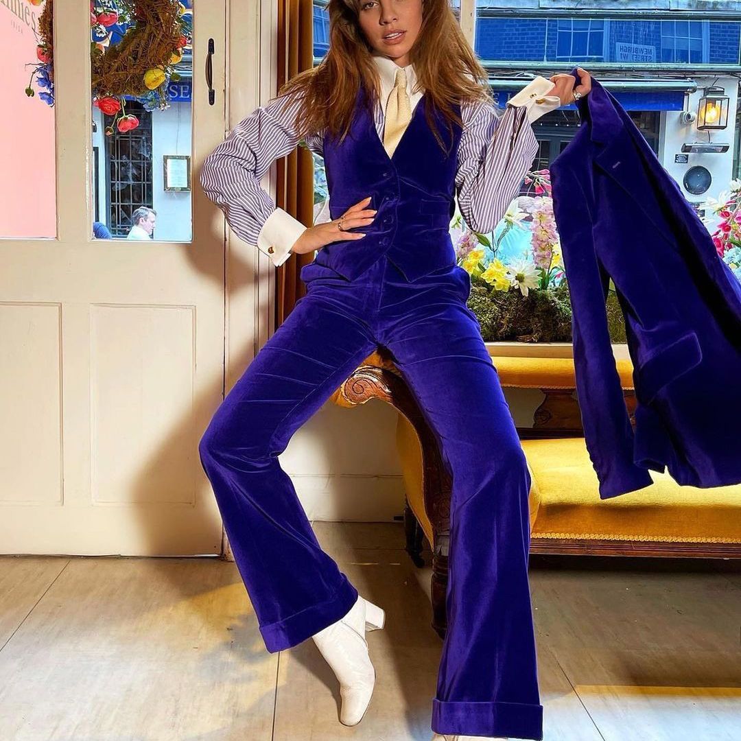 Ensemble pantalon et blazer oversize en velours violet pour femme, tenue de bureau, tenue de mariage, 3 pièces 