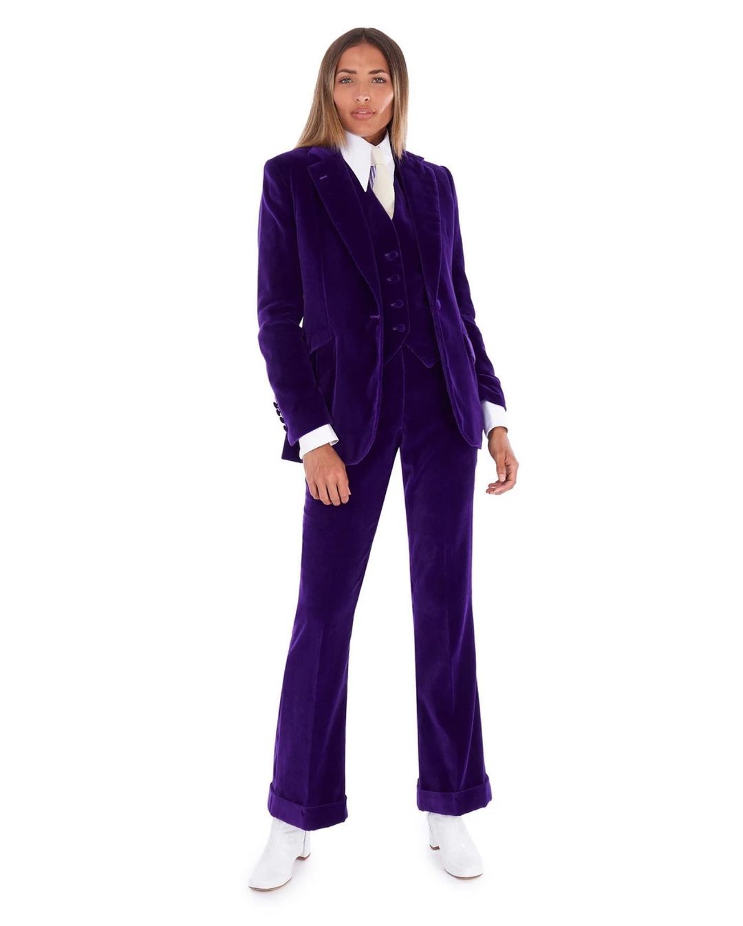 Ensemble pantalon et blazer oversize en velours violet pour femme, tenue de bureau, tenue de mariage, 3 pièces 
