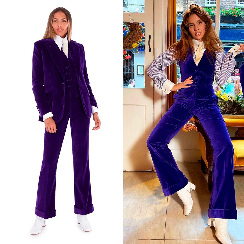 Conjunto de pantalón y blazer de terciopelo morado para mujer, para oficina, boda, 3 piezas 