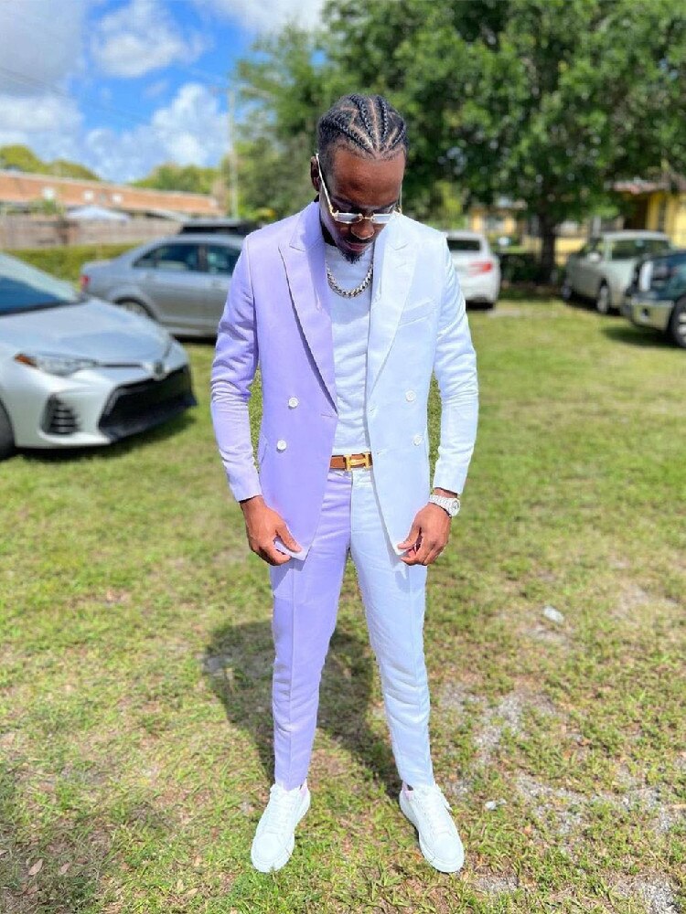 Costume homme violet blanc sur mesure 2 pièces blazer pantalon croisé coupe slim formel affaires décontracté fête hôte sur mesure 