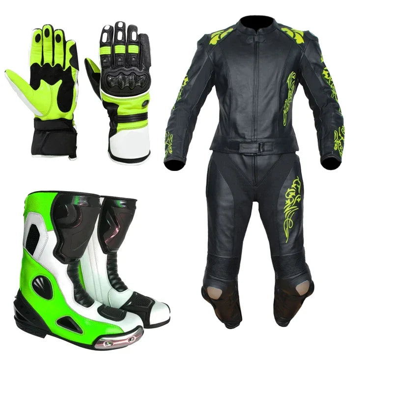Motorcycle Protective Gear Set Leather Jacket Pants Gloves Boots Black Green