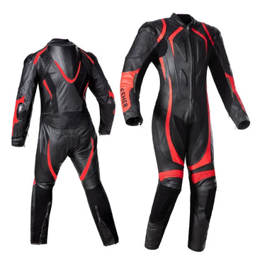 Men's Black and Red Full-Body Motorcycle Racing Leather Suit with Protective Padding