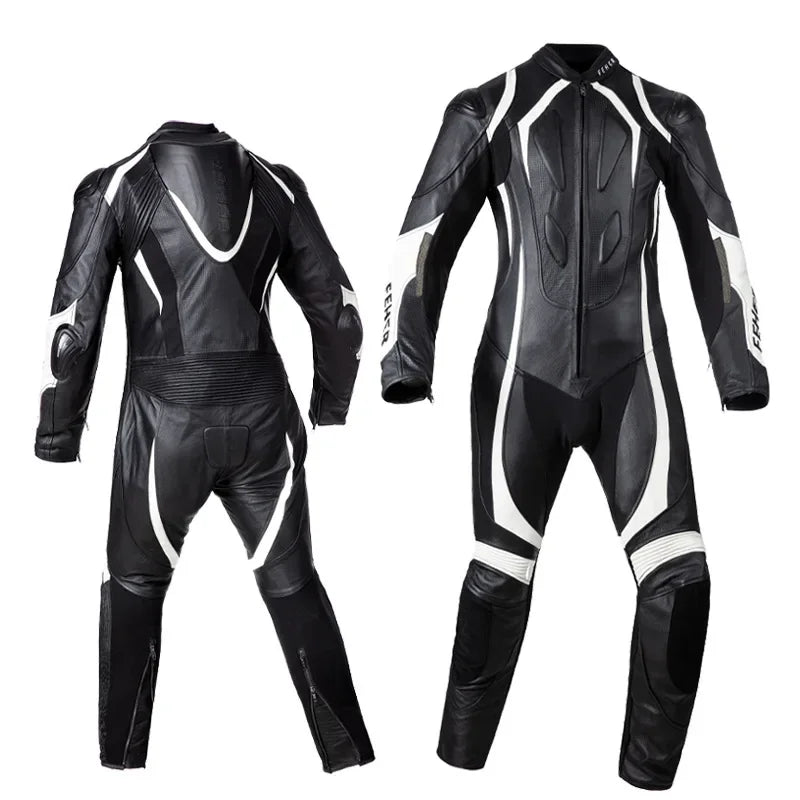 Traje de cuero de motociclismo de cuerpo entero para hombre, negro y rojo, con acolchado protector 