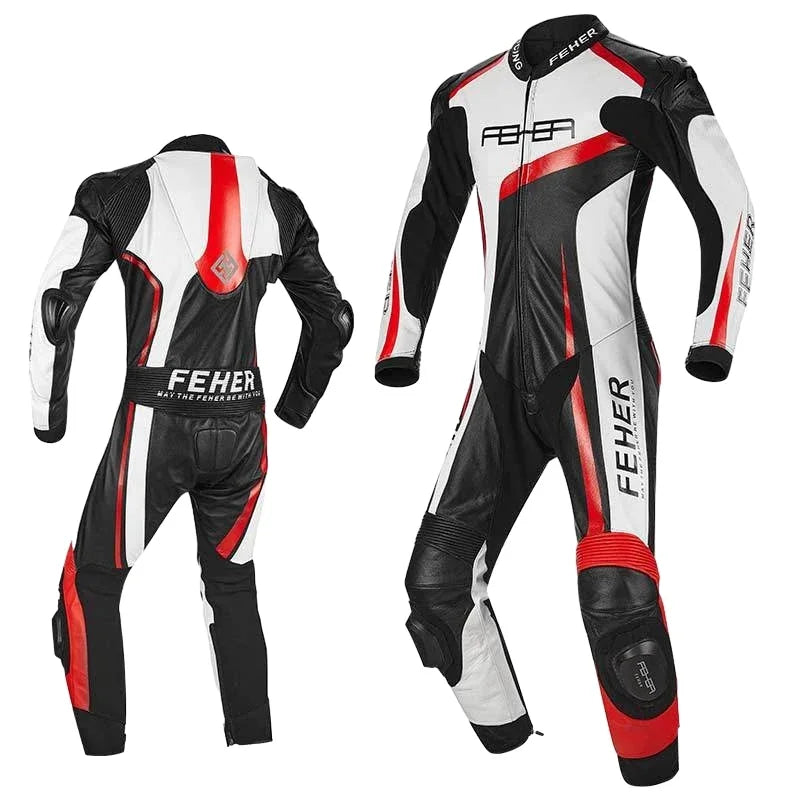 Traje de cuero de motociclismo de cuerpo entero para hombre, negro y rojo, con acolchado protector 