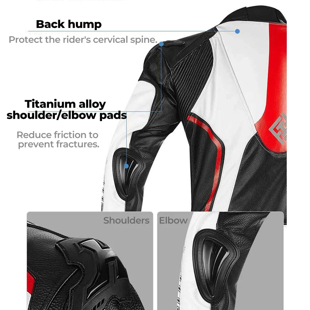Traje de cuero de motociclismo de cuerpo entero para hombre, negro y rojo, con acolchado protector 