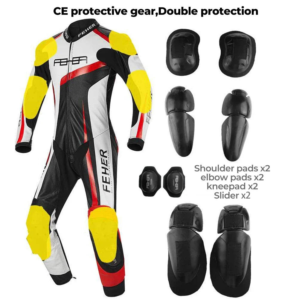 Traje de cuero de motociclismo de cuerpo entero para hombre, negro y rojo, con acolchado protector 