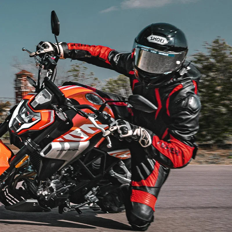 Traje de cuero de motociclismo de cuerpo entero para hombre, negro y rojo, con acolchado protector 