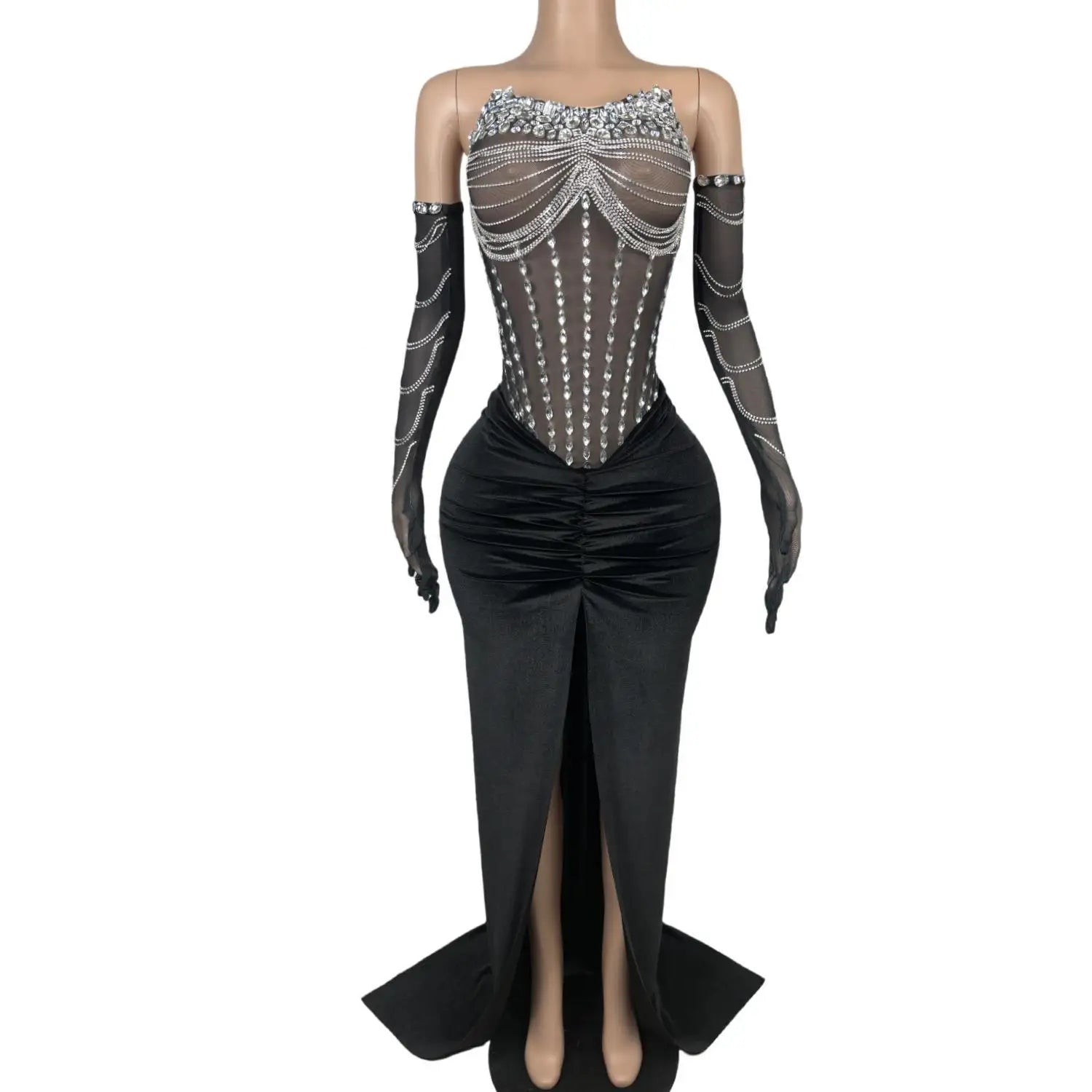 Luxury Black Mermaid Prom Dress with Sheer Mesh Bodice and Silver Diamond Accents, Elegant Evening Gown with Gloves for Glamorous Parties
