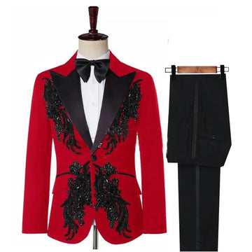 Stylish Red 3-Piece Slim Fit Tuxedo Suit for Men with Embellished Jacket, Perfect for Weddings and Formal Events