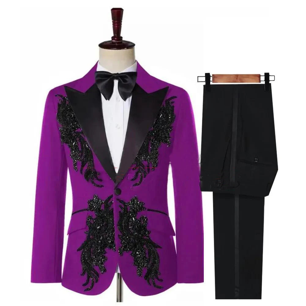 Stylish Red 3-Piece Slim Fit Tuxedo Suit for Men with Embellished Jacket, Perfect for Weddings and Formal Events
