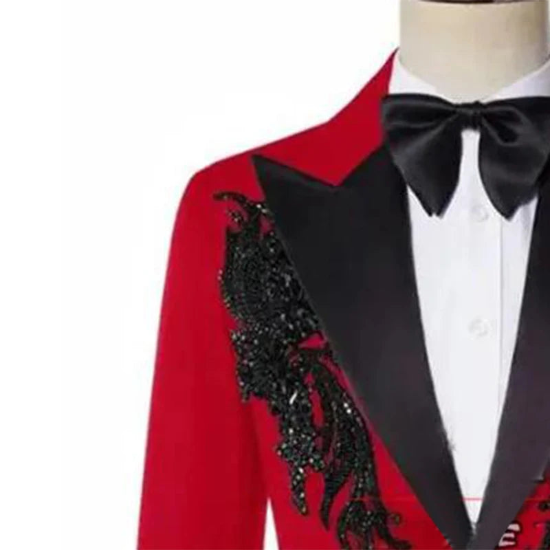 Stylish Red 3-Piece Slim Fit Tuxedo Suit for Men with Embellished Jacket, Perfect for Weddings and Formal Events