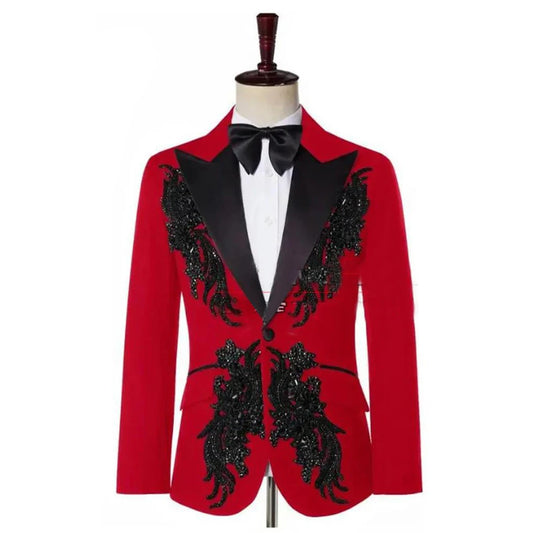 Stylish Red 3-Piece Slim Fit Tuxedo Suit for Men with Embellished Jacket, Perfect for Weddings and Formal Events