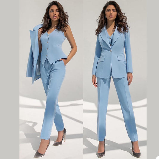 Blazer Suits Sky Blue Women Business Pants Suit Leisure Ladies Club Party Wedding Outfit (Jacket+Vest+Pants)