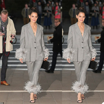 Mother of the Bride Suits Gray Feather Women Evening Party Tuxedos Formal Wear For Wedding (Jacket+Pants)