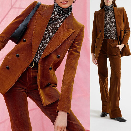 Women Sets Warm Corduroy Thick Tuxedos Evening Party Blazer Formal Wear For Wedding (Jacket+Pants)