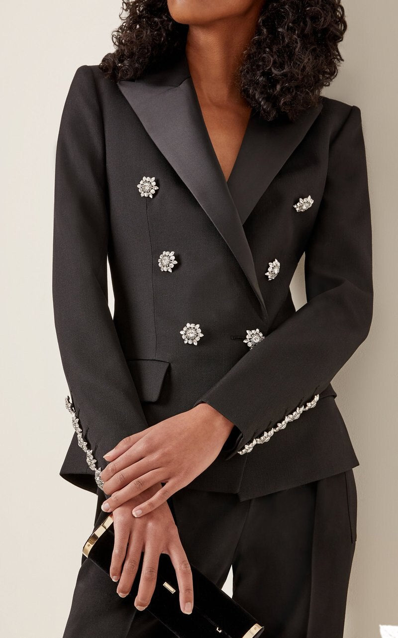 Women Suit Set Crystal Beading Black Evening Party Tuxedos Formal Wear For Wedding (Jacket+Pants)