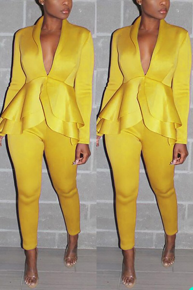 Conjunto de traje para mujer, esmoquin rosa y amarillo con volantes, para fiesta de noche, pantalones ajustados, ropa formal para boda (chaqueta + pantalón) 