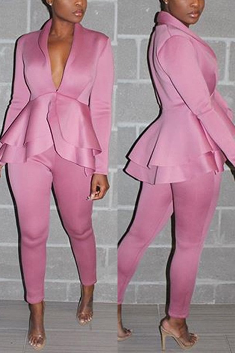 Conjunto de traje para mujer, esmoquin rosa y amarillo con volantes, para fiesta de noche, pantalones ajustados, ropa formal para boda (chaqueta + pantalón) 