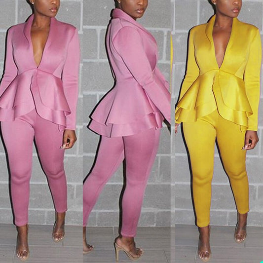 Women Suit Set Pink Yellow Ruffle Tuxedos Evening Party Slim Pants Formal Wear For Wedding (Jacket+Pants)