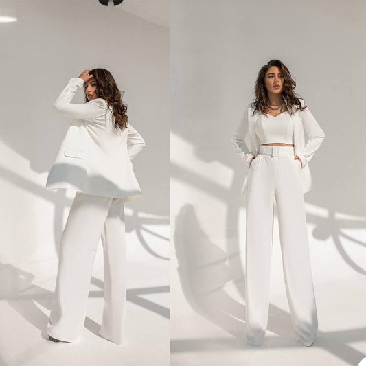 Women Suit Set White Wedding Tuxedos Evening Party Loose Pants Formal Wear For Wedding (Jacket+Pants)