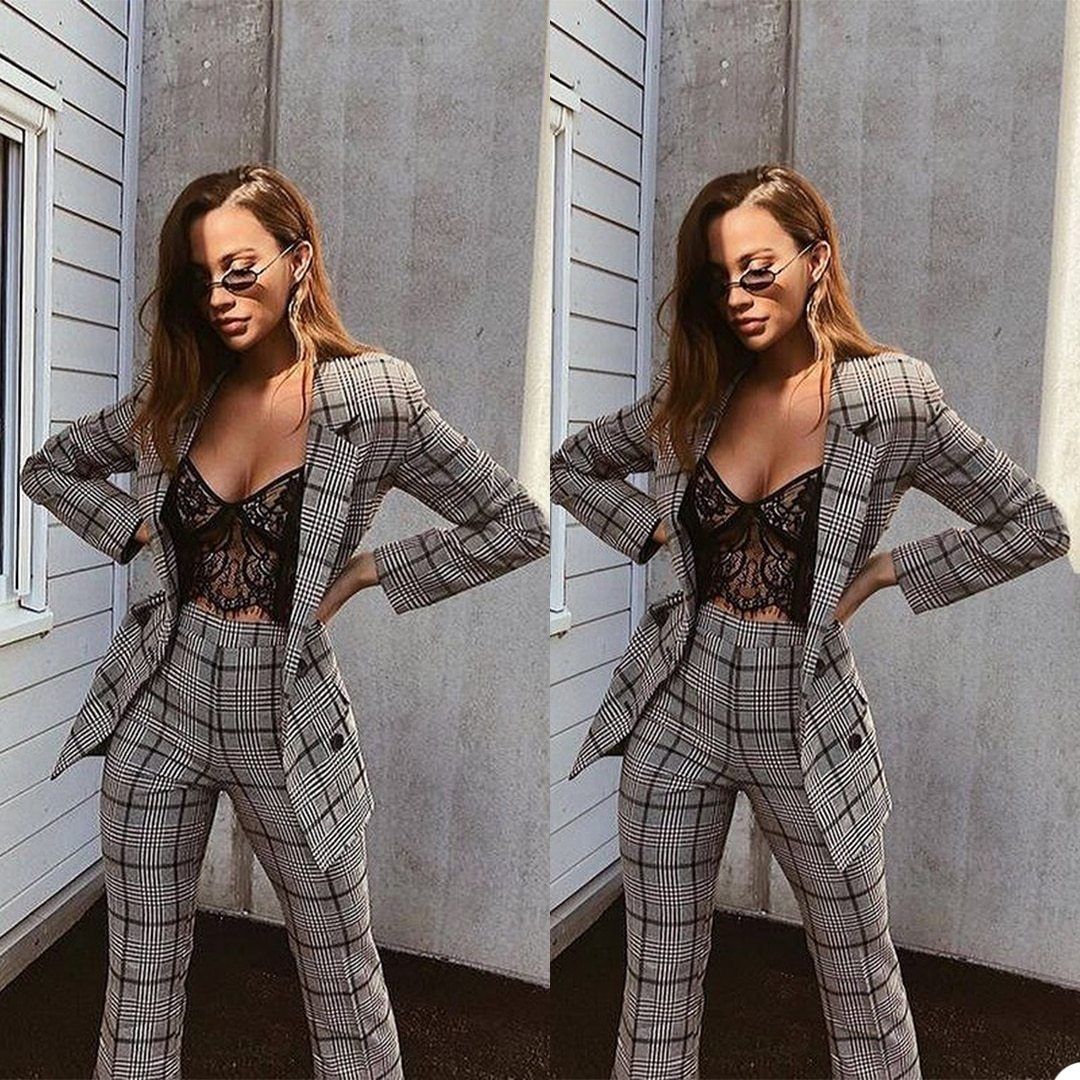 Women Suit Sets Classic Plaid Check Tuxedos Evening Party Slim Blazer Formal Wear For Wedding (Jacket+Pants)