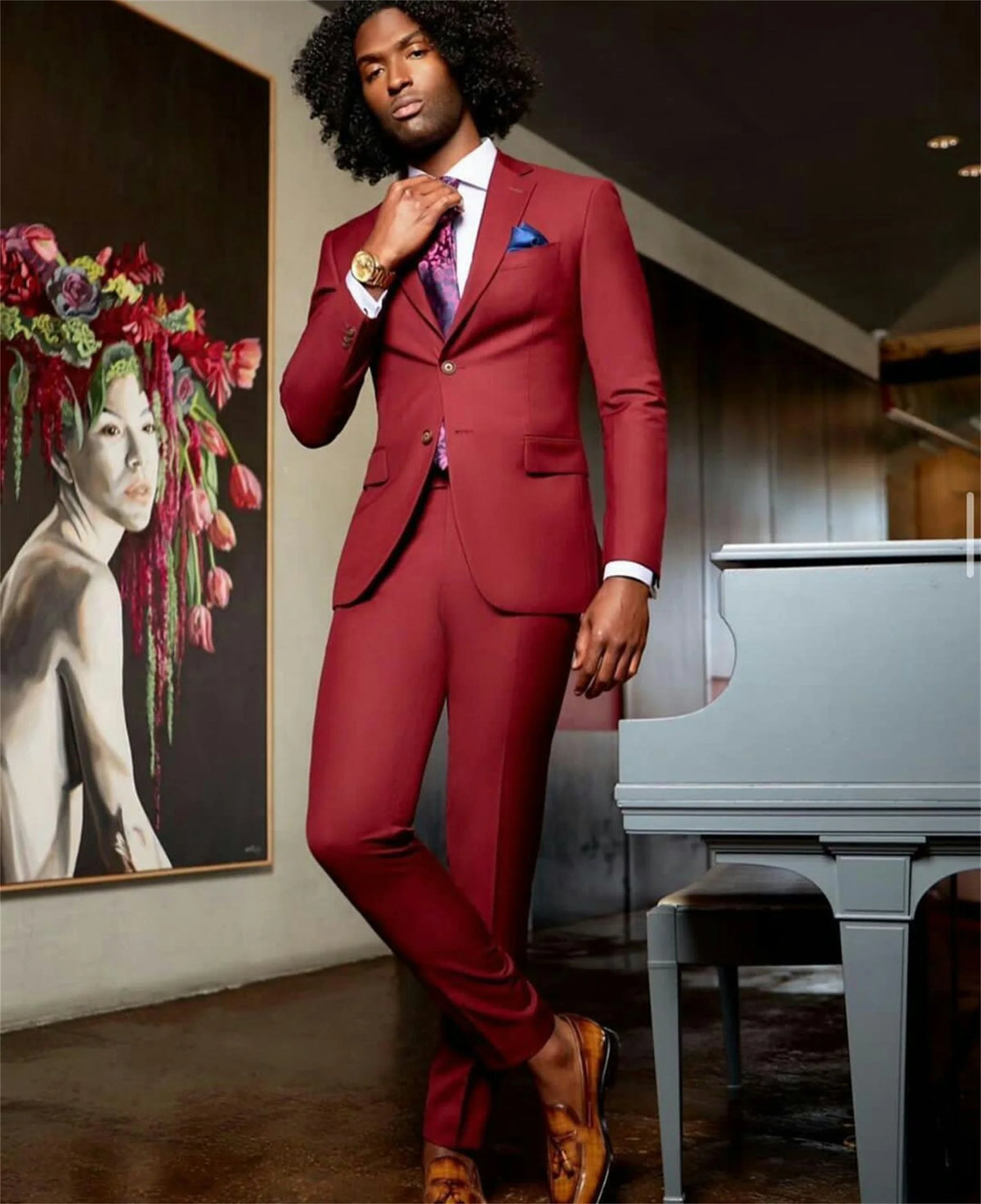 Costume 2 pièces rouge pour homme, coupe slim, deux boutons, pantalon de marié, coupe ajustée, smoking de bal, de fête, de mariage