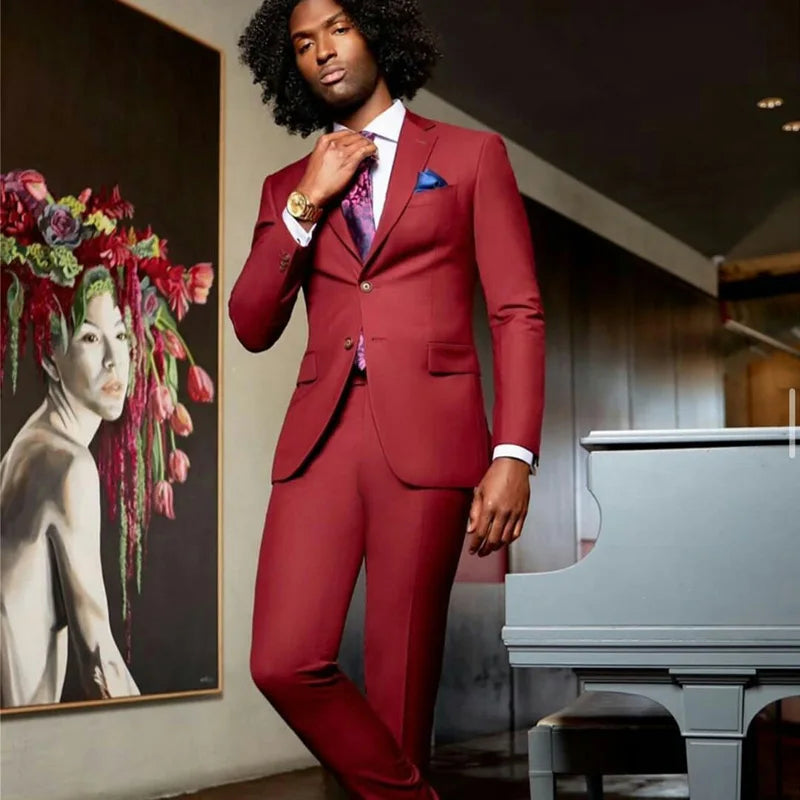 Traje rojo de dos piezas para hombre, corte entallado, dos botones, para novio, pantalones, esmoquin a medida para fiesta de graduación y boda.