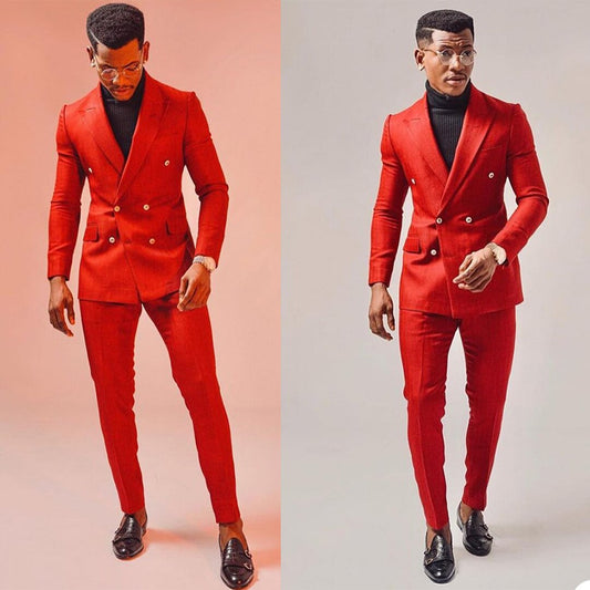 Red Double Breasted men Customized Wedding Tuxedos Plus Size Dinner Prom Party Blazer Suits  (Jacket+Pants)