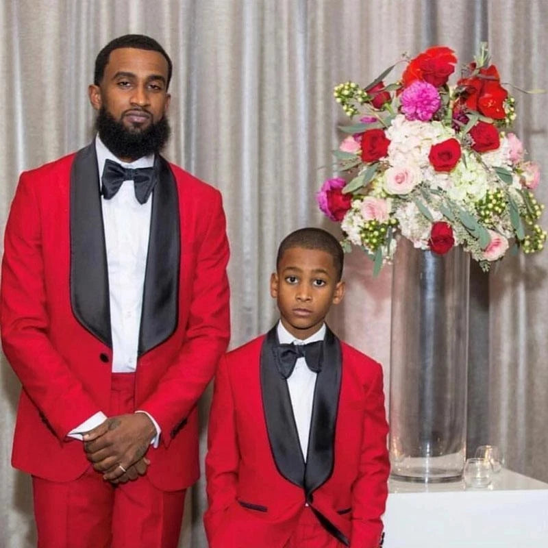 Trajes de hombre para padre e hijo, color rojo, con solapa negra, para graduación, esmoquin, chaqueta y pantalón para boda, 2 piezas (chaqueta + pantalón)