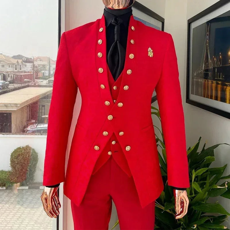 Red Floral Pattern Suits For Men Wedding Double Breasted 3 Pcs Slim Fit Jacquard Business Groom Tuxedo (Jacket + Pants + Vest)