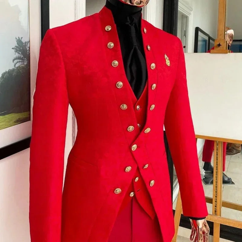 Red Floral Pattern Suits For Men Wedding Double Breasted 3 Pcs Slim Fit Jacquard Business Groom Tuxedo (Jacket + Pants + Vest)