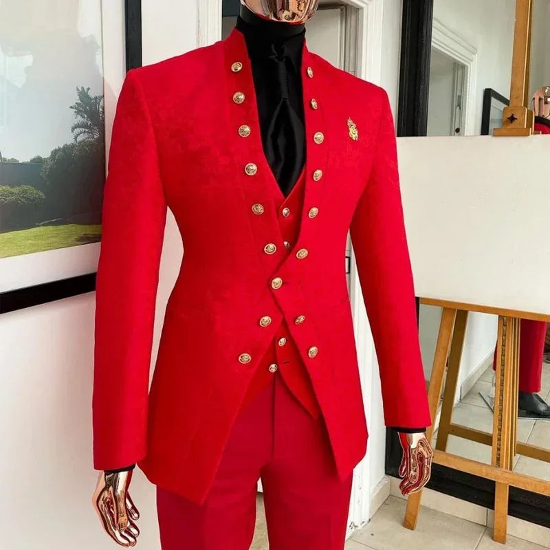 Red Floral Pattern Suits For Men Wedding Double Breasted 3 Pcs Slim Fit Jacquard Business Groom Tuxedo (Jacket + Pants + Vest)