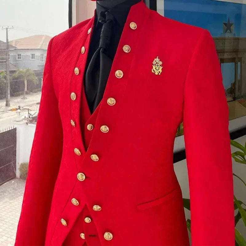 Red Floral Pattern Suits For Men Wedding Double Breasted 3 Pcs Slim Fit Jacquard Business Groom Tuxedo (Jacket + Pants + Vest)