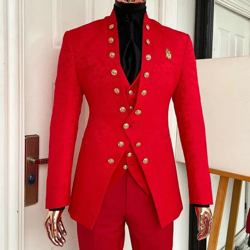 Red Floral Pattern Suits For Men Wedding Double Breasted 3 Pcs Slim Fit Jacquard Business Groom Tuxedo (Jacket + Pants + Vest)