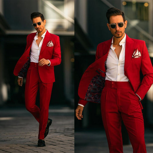 Trajes de caballero rojos nuevos para hombre, dos piezas, abrigo, pantalón, paño ancho, auténticos, a medida, clásicos, para bodas, ocasiones formales. 
