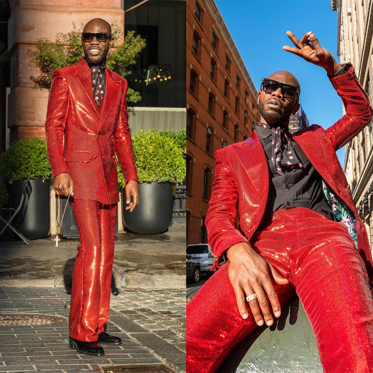 Red Men's Suits Tailored 2 Pieces Blazer Pants Peaked Lapel Double Beasted Sequins Modern Wedding Slim Custom Made Plus Size