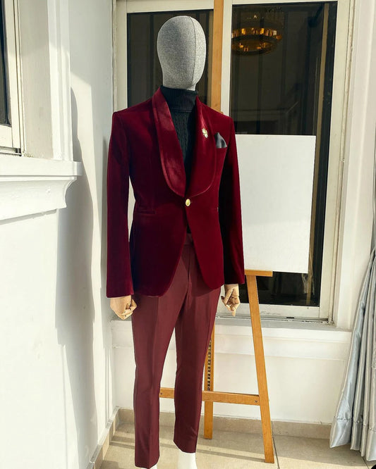 Red Men's Suits Tailored 2 Pieces Velvet Blazer Burgundy Pants One Gold Button Sheer Lapel Formal Groom Slim Customed Plus Size