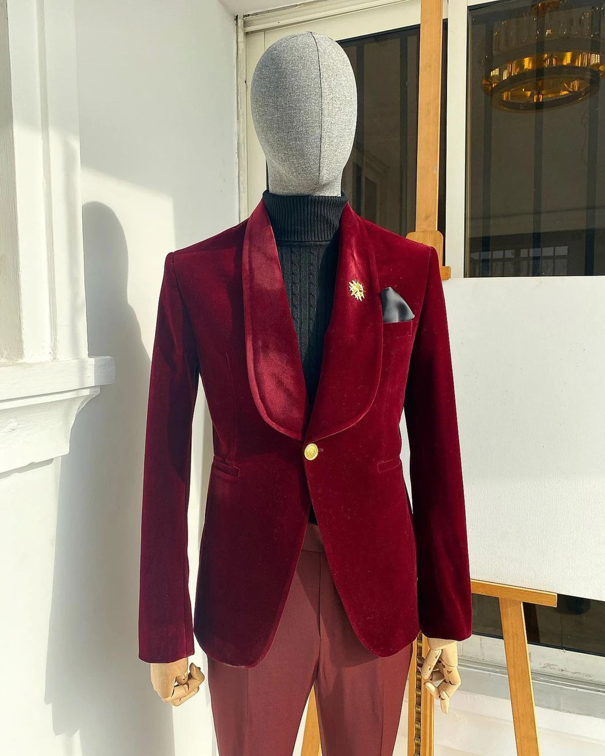 Red Men's Suits Tailored 2 Pieces Velvet Blazer Burgundy Pants One Gold Button Sheer Lapel Formal Groom Slim Customed Plus Size