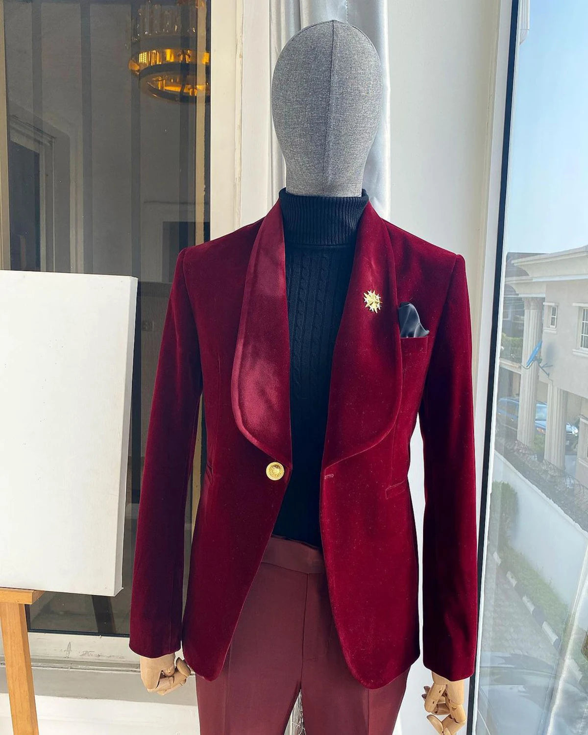Red Men's Suits Tailored 2 Pieces Velvet Blazer Burgundy Pants One Gold Button Sheer Lapel Formal Groom Slim Customed Plus Size
