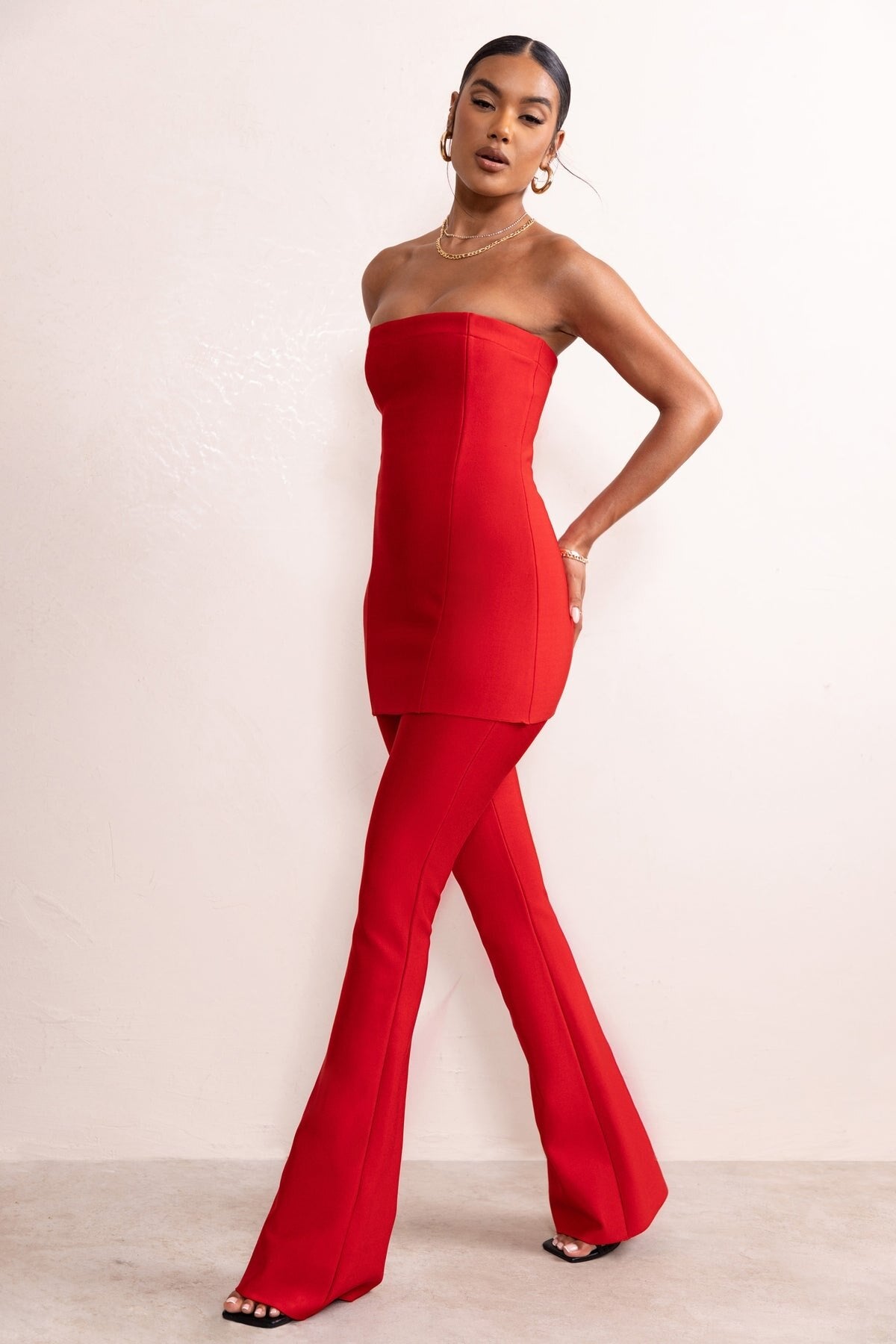 Red Mother of the Bride Pants Suits Strapless Backless Ladies Women Evening Party Blazer Wear Flared Trousers Sets 2 Pieces