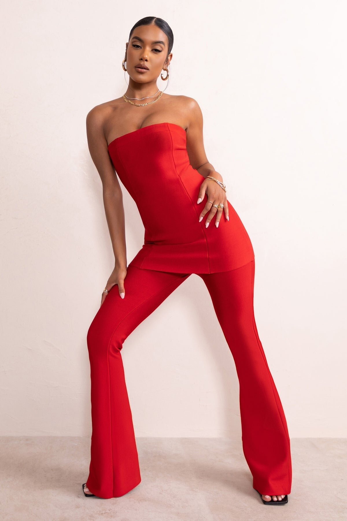 Red Mother of the Bride Pants Suits Strapless Backless Ladies Women Evening Party Blazer Wear Flared Trousers Sets 2 Pieces