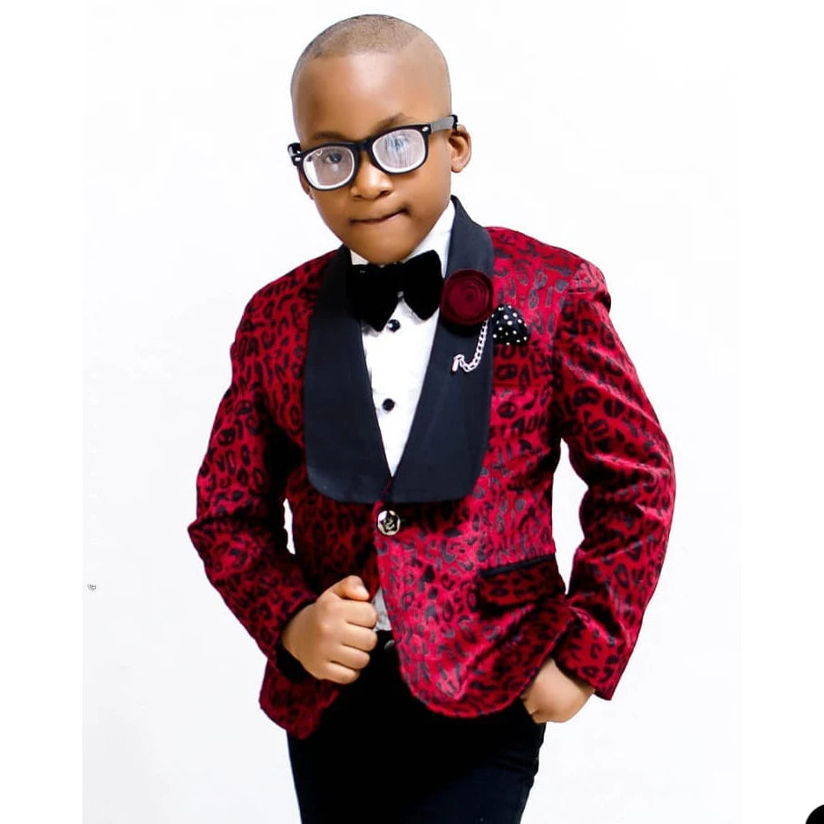 Trajes formales con estampado rojo para niños pequeños, esmoquin de cena para bodas, fiestas de graduación (chaqueta y pantalón) 