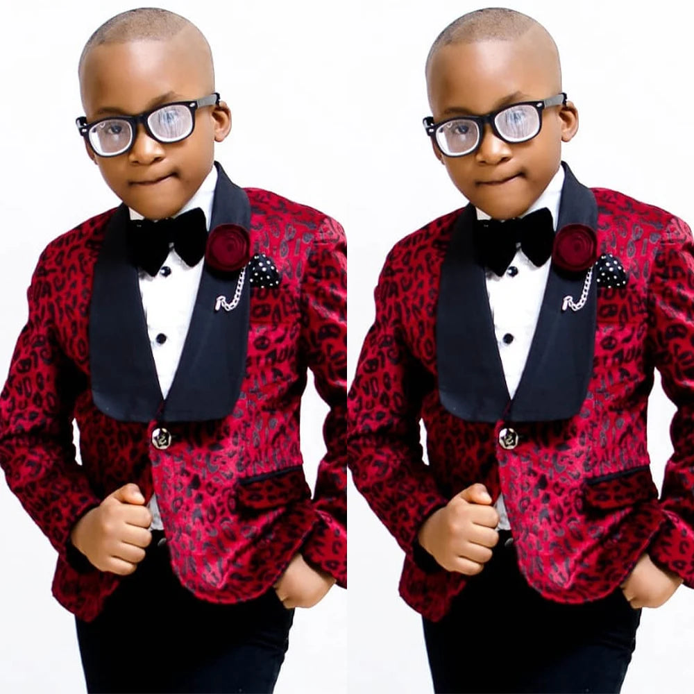 Trajes formales con estampado rojo para niños pequeños, esmoquin de cena para bodas, fiestas de graduación (chaqueta y pantalón) 